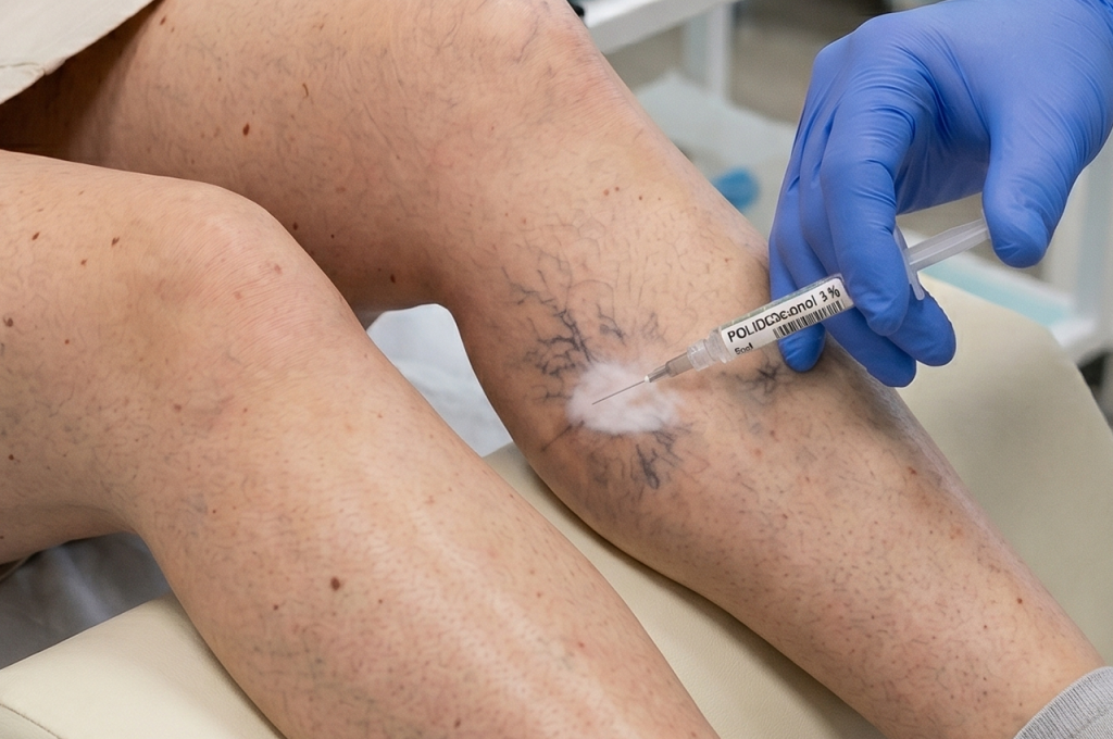 Um profissional médico usando uma luva azul injeta uma solução rotulada como POLIDOCANOL 3% na perna de um paciente para escleroterapia, um tratamento eficaz de varizes em que uma nuvem branca se forma no local da injeção para ajudar na remoção de vasinhos.