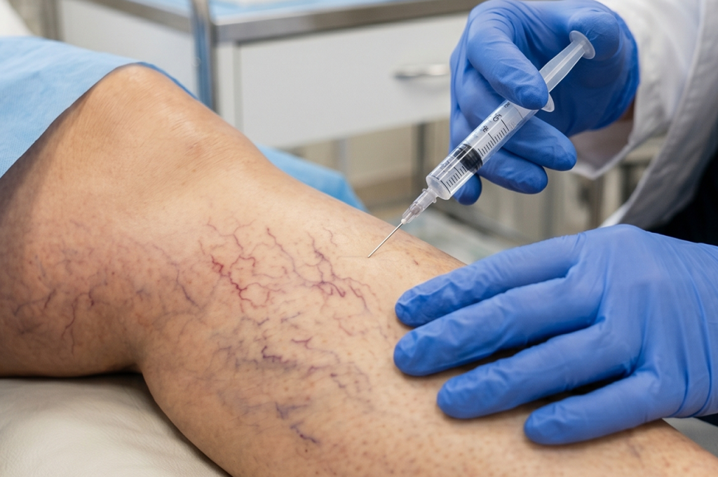 Um profissional médico usando luvas azuis injeta uma seringa na perna de um paciente com veias varicosas visíveis, provavelmente realizando escleroterapia com glicose como parte de um tratamento de varizes em um ambiente clínico.