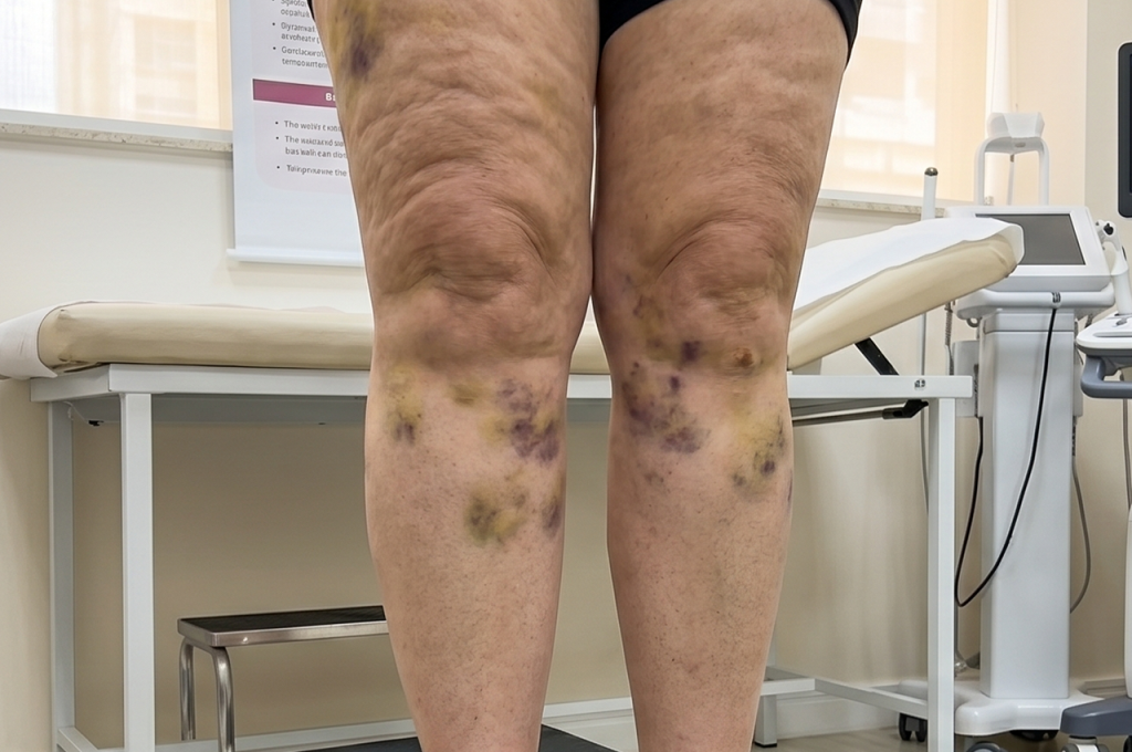 Uma pessoa em pé em uma sala de exames médicos com hematomas e descoloração visíveis em ambas as pernas, especialmente ao redor dos joelhos. Equipamentos médicos e uma mesa de exame estão ao fundo.