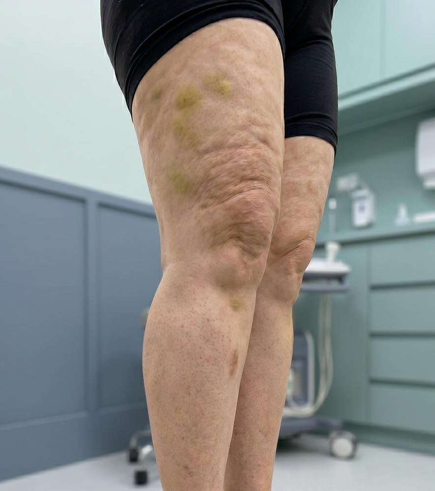 Uma pessoa em pé em uma sala de exame médico com varizes visíveis, inchaço e descoloração nas coxas e joelhos, sugerindo uma possível condição médica que afeta as pernas.