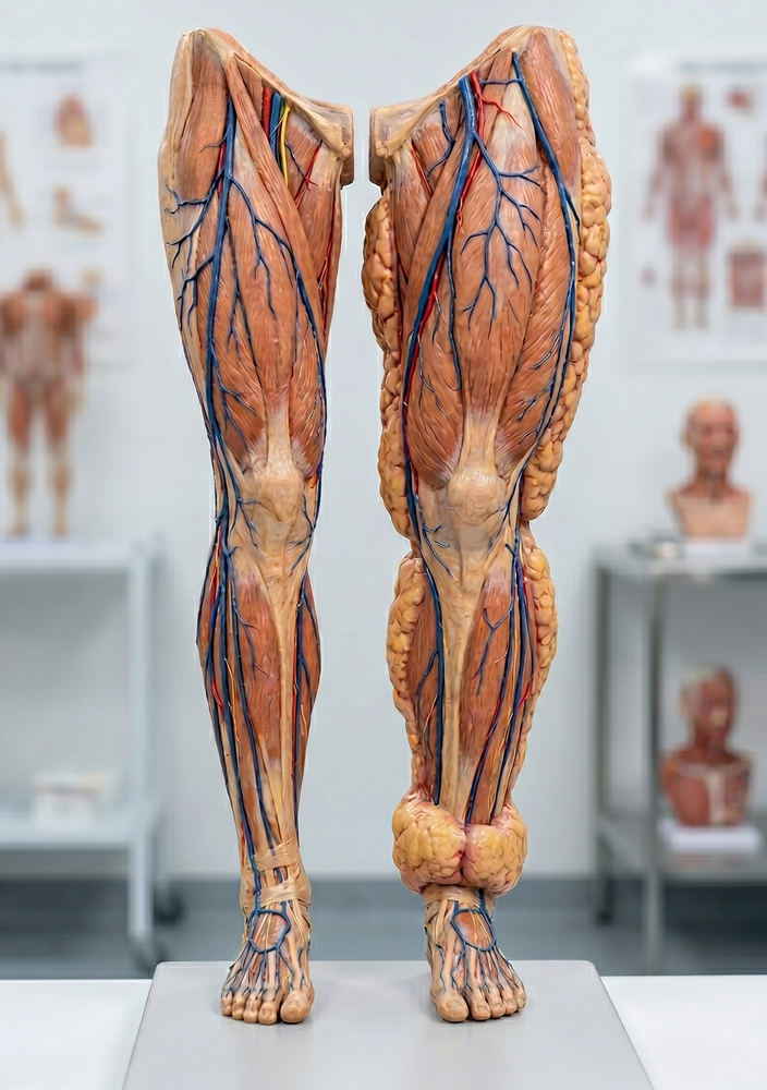Dois modelos anatômicos de pernas humanas mostram músculos, veias, artérias e nervos, com algum tecido adiposo amarelo visível. Os modelos são exibidos na posição vertical em um ambiente médico ou educacional.