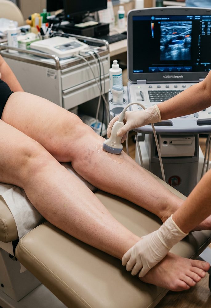 Um profissional médico usando luvas realiza um exame de ultrassom na perna de um paciente, usando um dispositivo portátil. Um aparelho de ultrassom exibe a imagem correspondente em sua tela em um ambiente clínico.