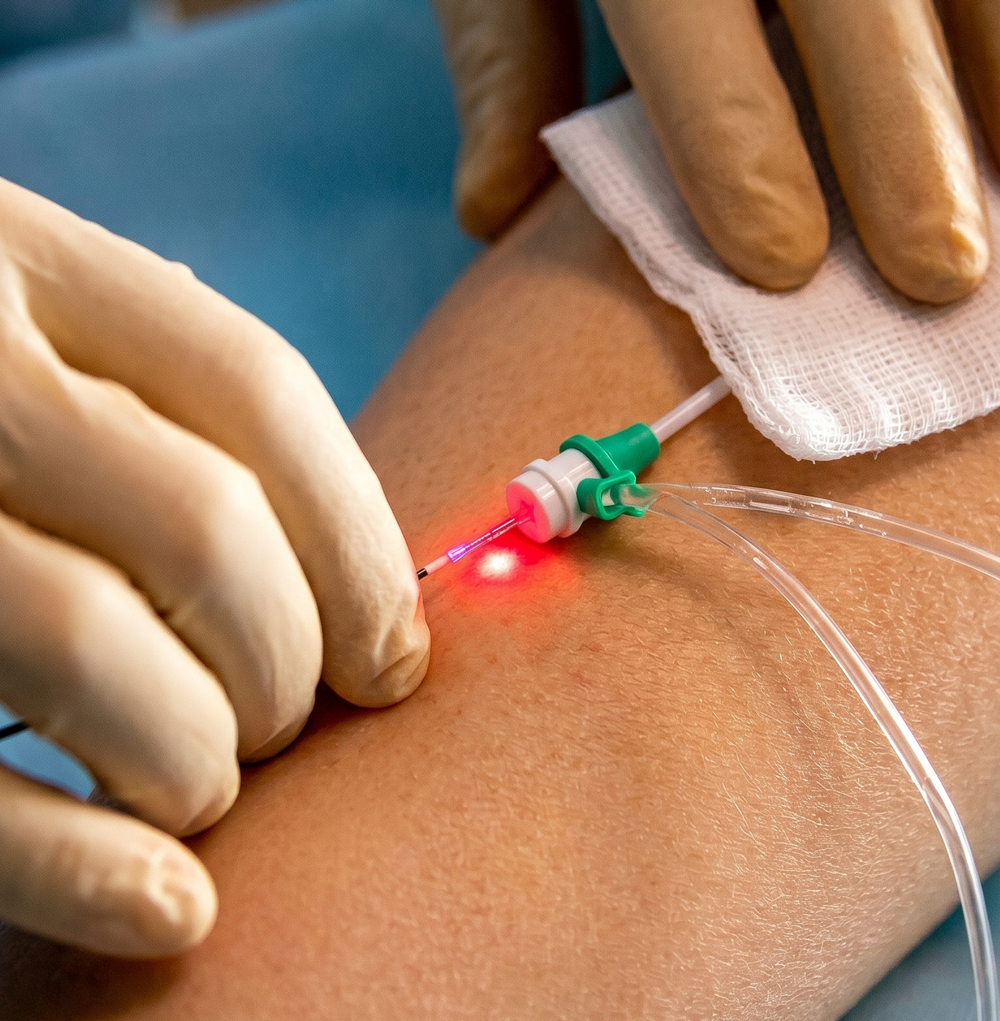 Um close-up de mãos enluvadas inserindo uma cânula intravenosa no braço de uma pessoa durante uma cirurgia vascular, com uma luz vermelha no local da agulha, um tubo médico conectado e um pedaço de gaze próximo.